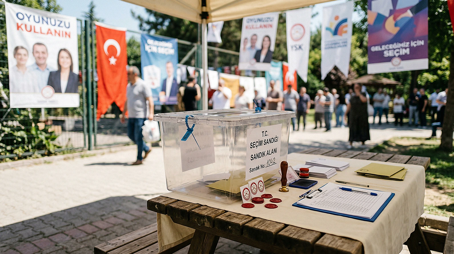 Seçim sandığı ve oy verme sürecini temsil eden hukuki bir kompozisyon.