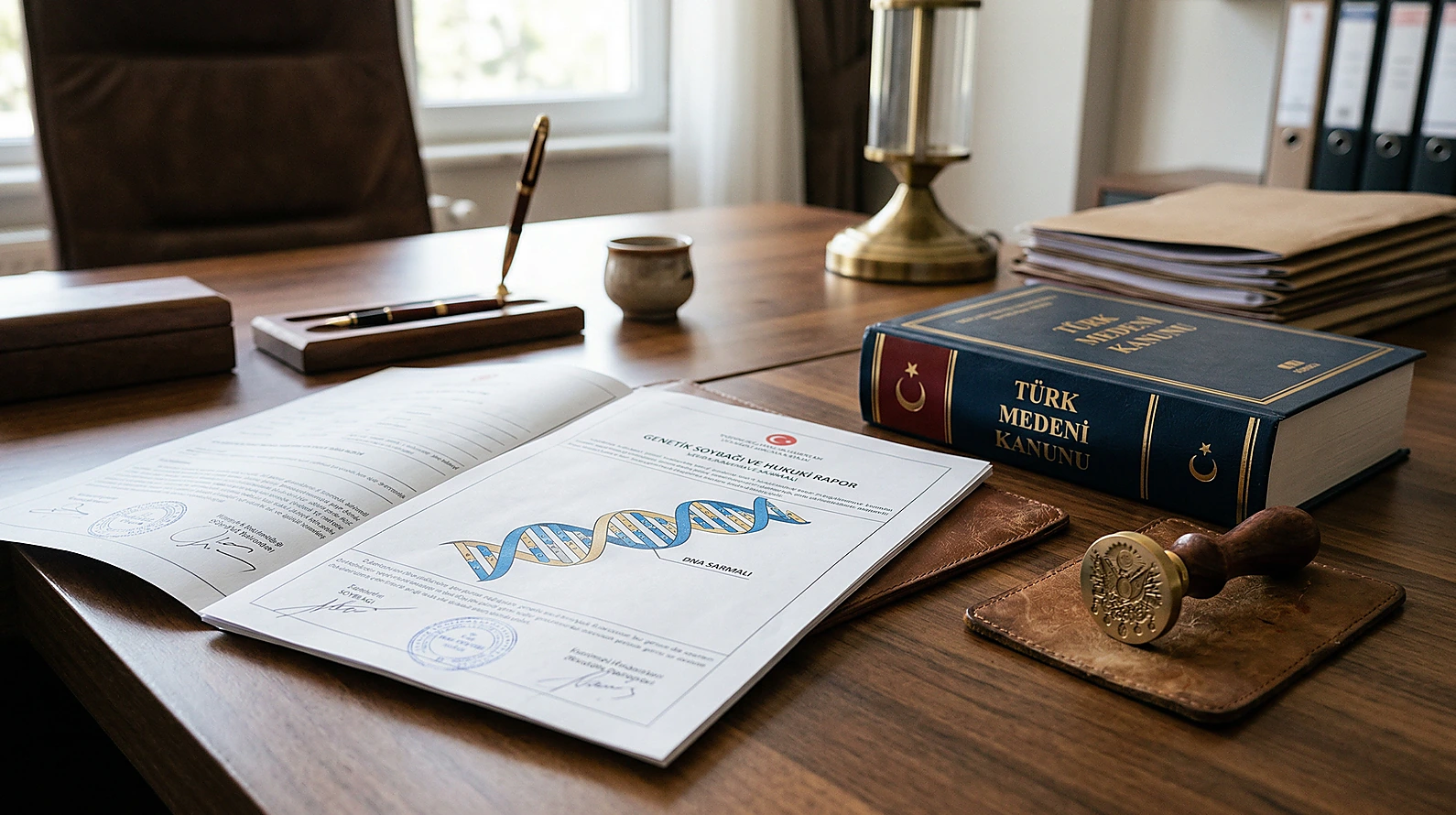 Soybağı hukukunda ispat yükünü simgeleyen DNA ve kanun kitabı görseli.