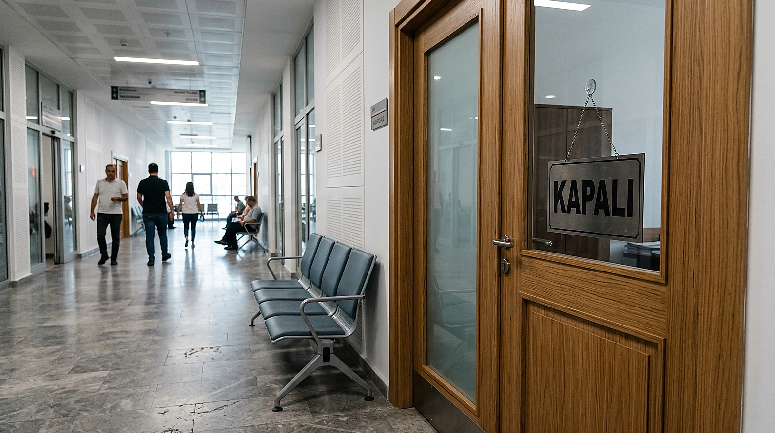 Kamu hizmetinin durmasını simgeleyen adliye ofis girişi ve bekleme alanı.