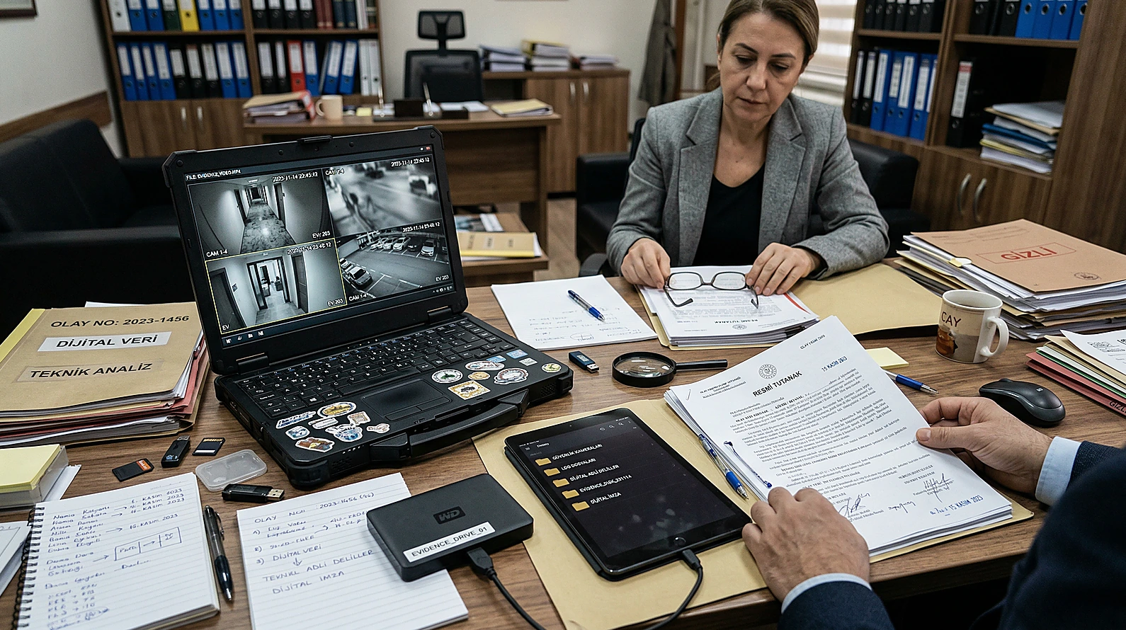 Ceza davasında ispat araçlarını ve delil klasörlerini temsil eden görsel.