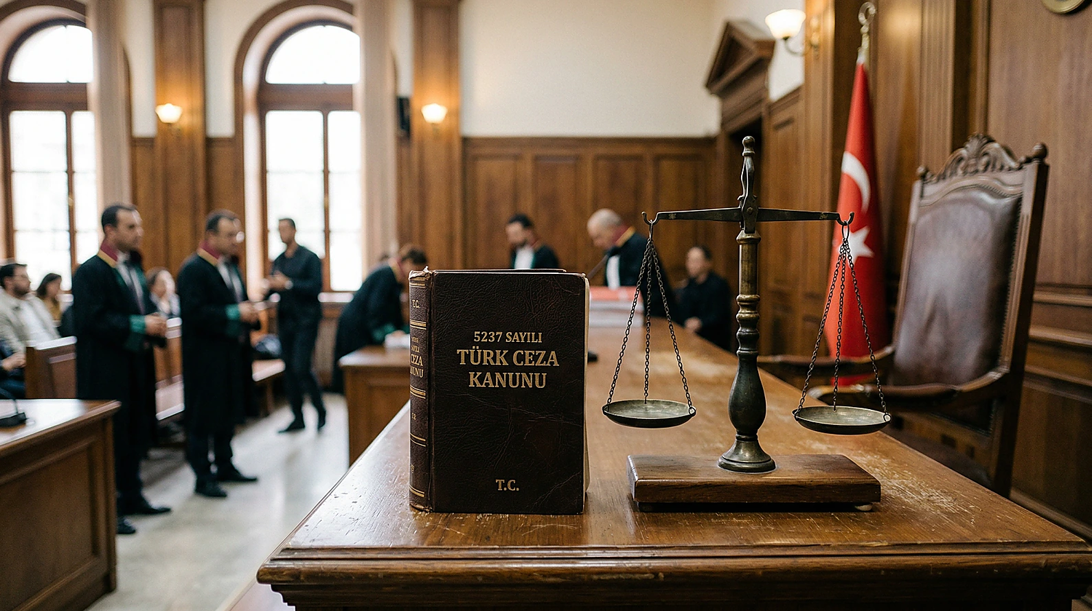 TCK kanun kitabı ve adalet terazisi odaklı editoryal görsel.