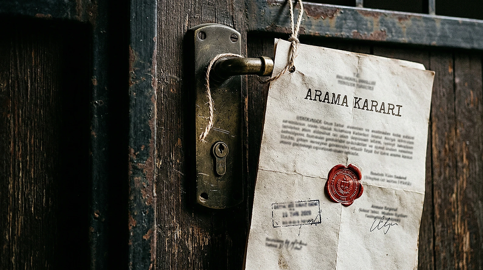 Arama kararı ve mühürlü kapı detayını gösteren fotogerçekçi görsel.