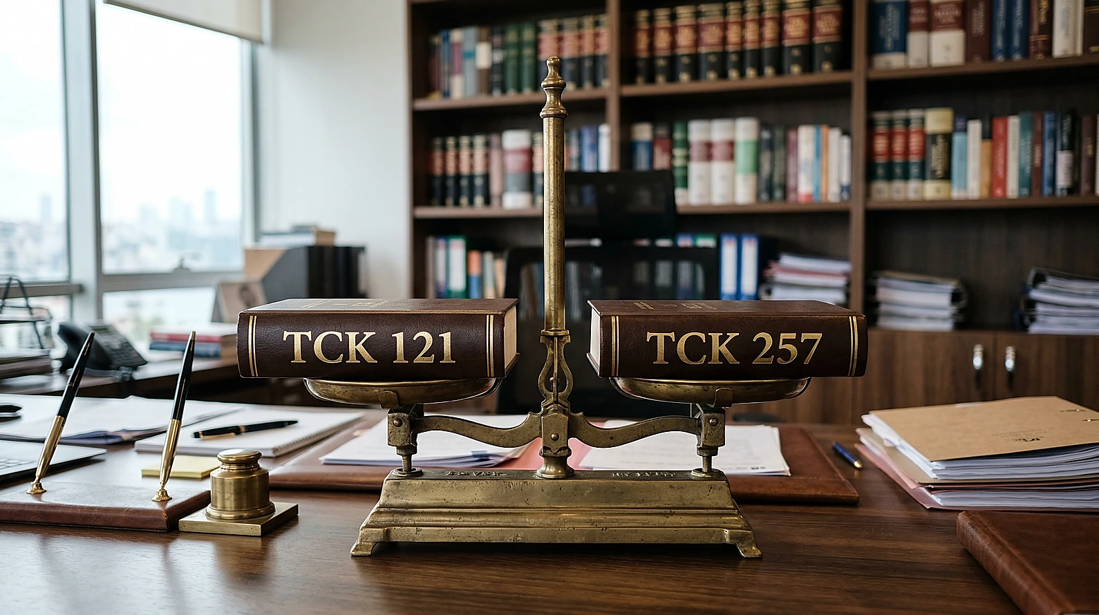 TCK 121 ve TCK 257 norm hiyerarşisini simgeleyen hukuk kitapları