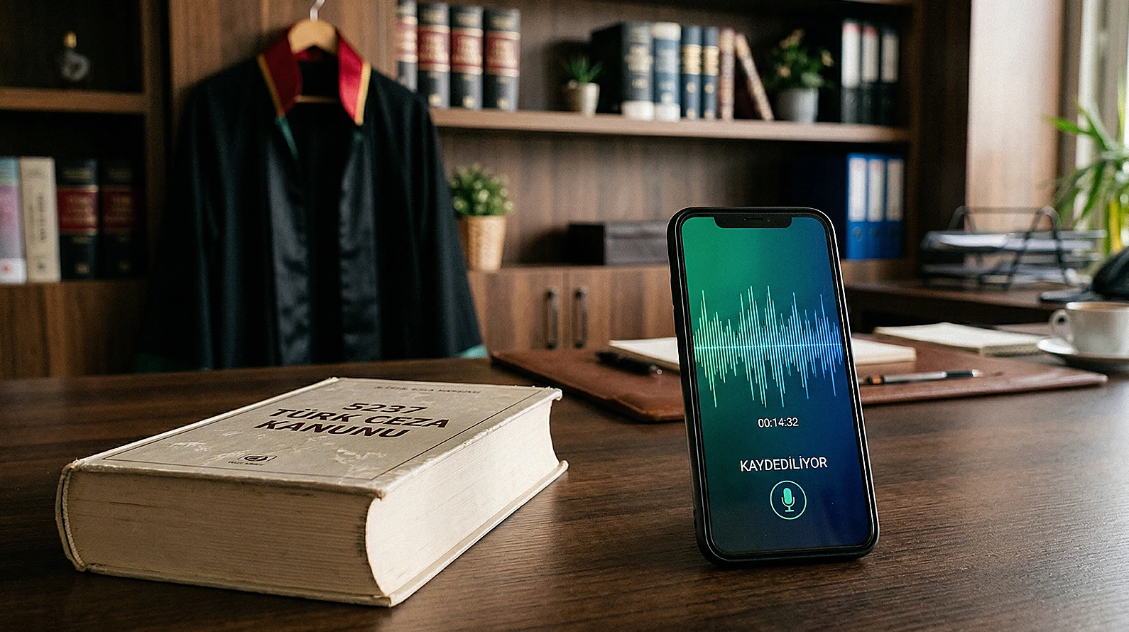 TCK 132 ve 133 ayrımını simgeleyen hukuk kitabı ve ses kaydı ekranlı telefon.