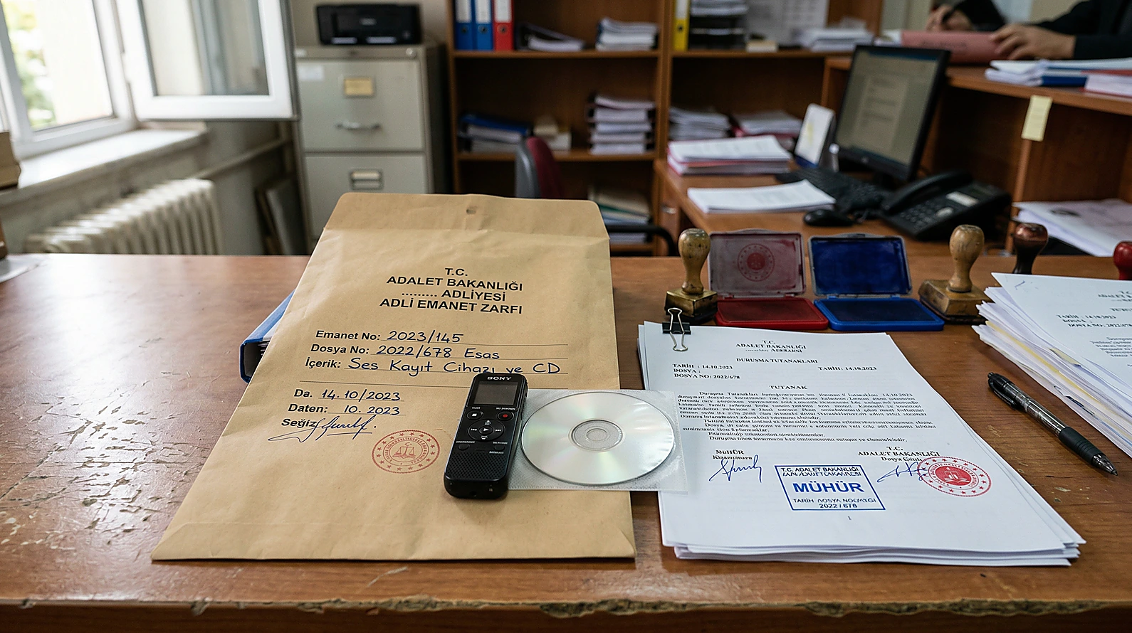 Ses kayıt cihazı ve CD'nin adli emanet olarak sunulmasını temsil eden materyaller.