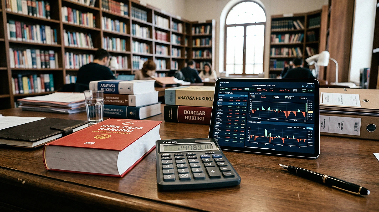 TCK kanun kitabı ve finansal verilerin analiz edildiği çalışma masası.