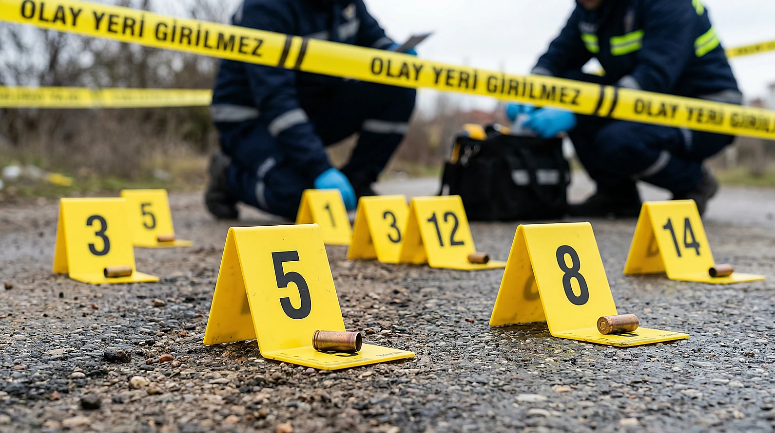 Suç delillerinin tespiti ve ispat sürecini simgeleyen olay yeri kovan işaretleri.