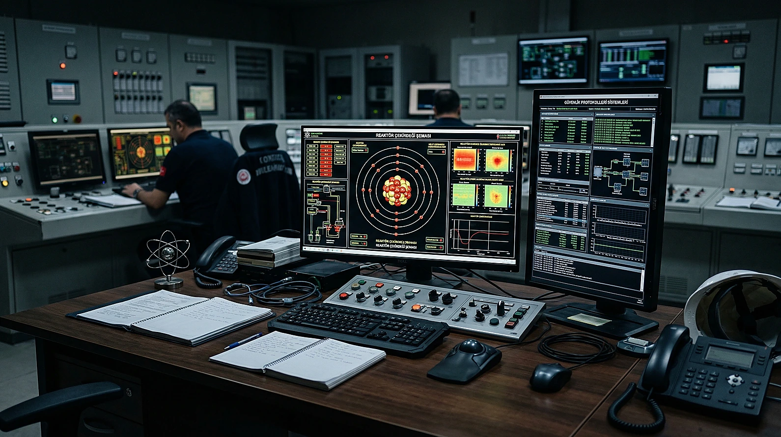 Nükleer tesis kontrol odası ve atom enerjisi suçları teknik inceleme simülasyonu.
