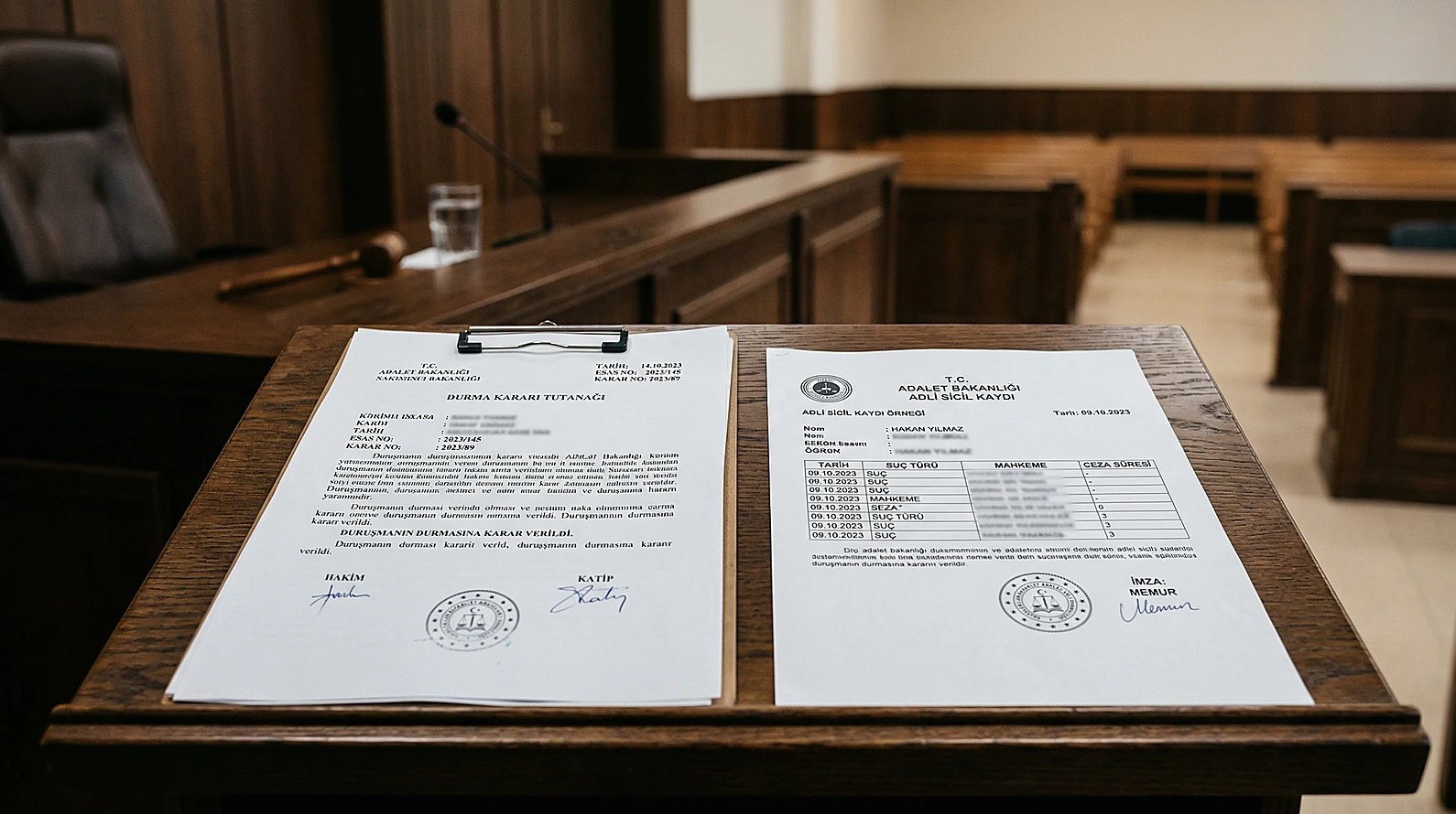 Mahkeme salonunda kovuşturma şartı eksikliği nedeniyle verilen durma kararı evrakı.