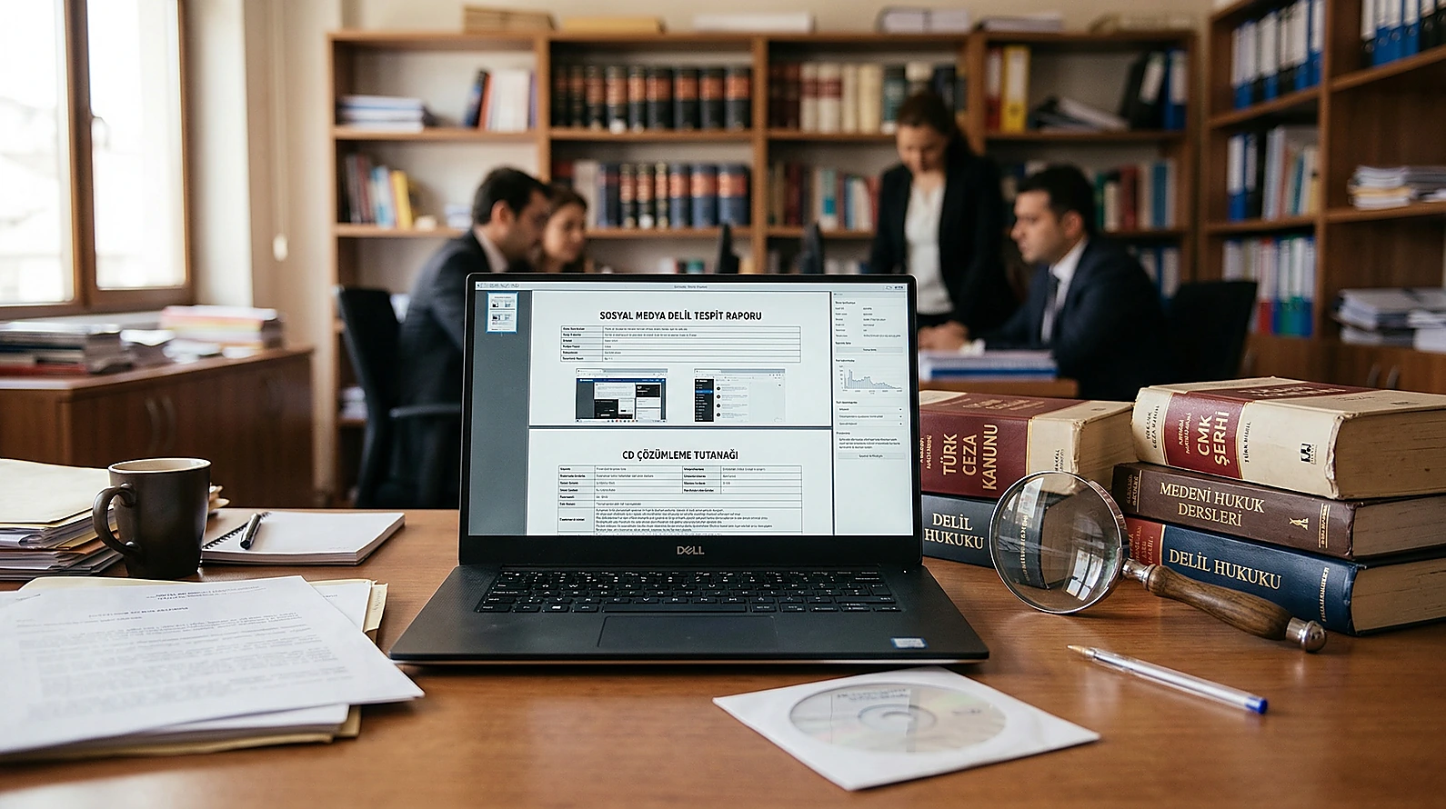 Sosyal medya delillerinin incelenmesini temsil eden dijital hukuk çalışma alanı.
