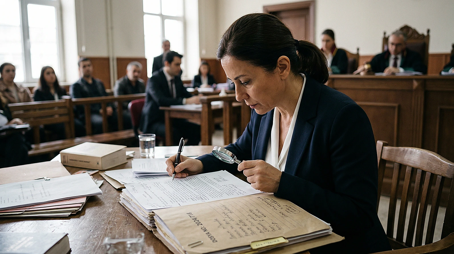 Hukuki belgelerin titizlikle analiz edildiği profesyonel bir inceleme anı.