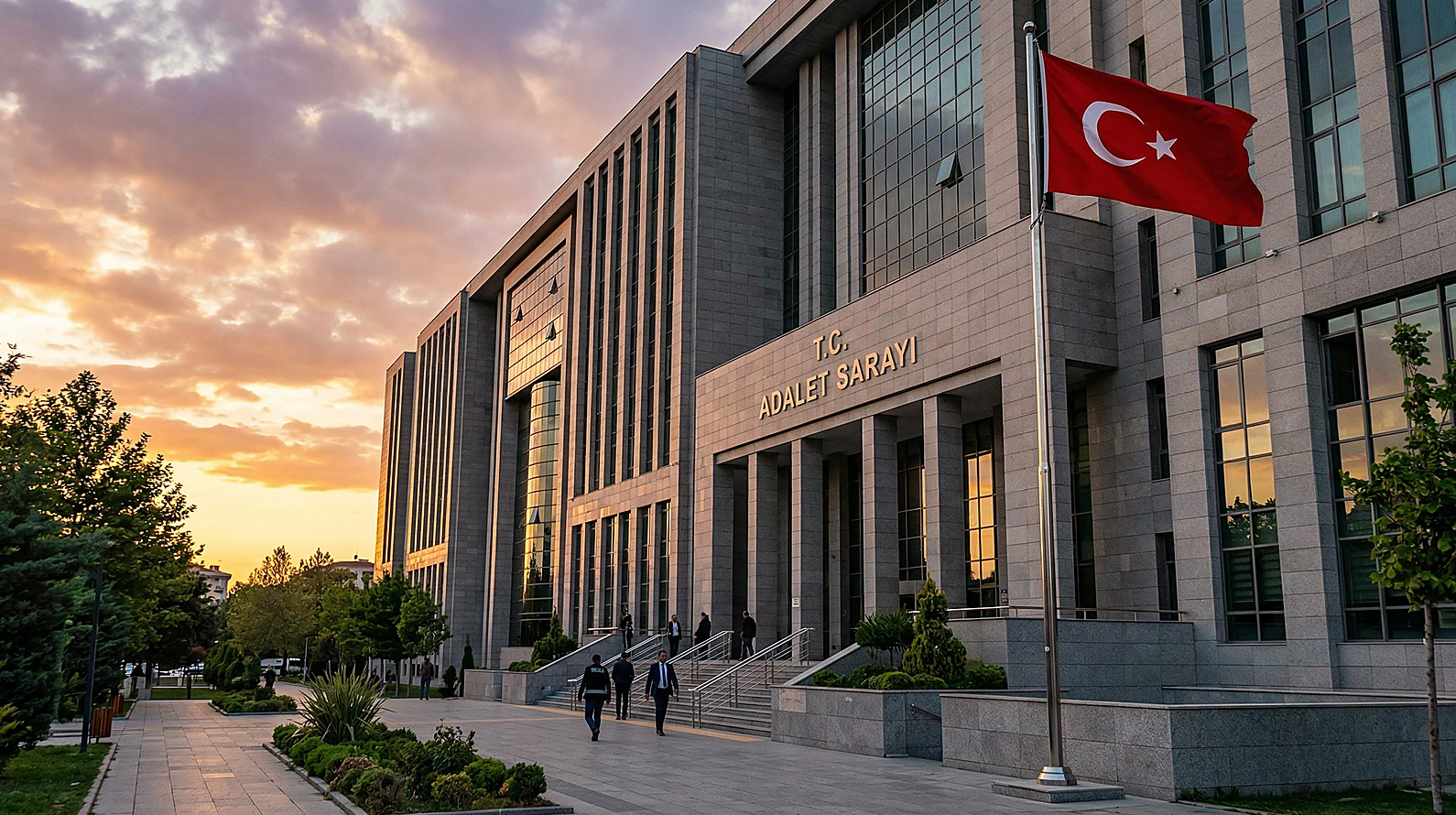 Modern bir adliye binasının hukuki otoriteyi simgeleyen dış cephesi.