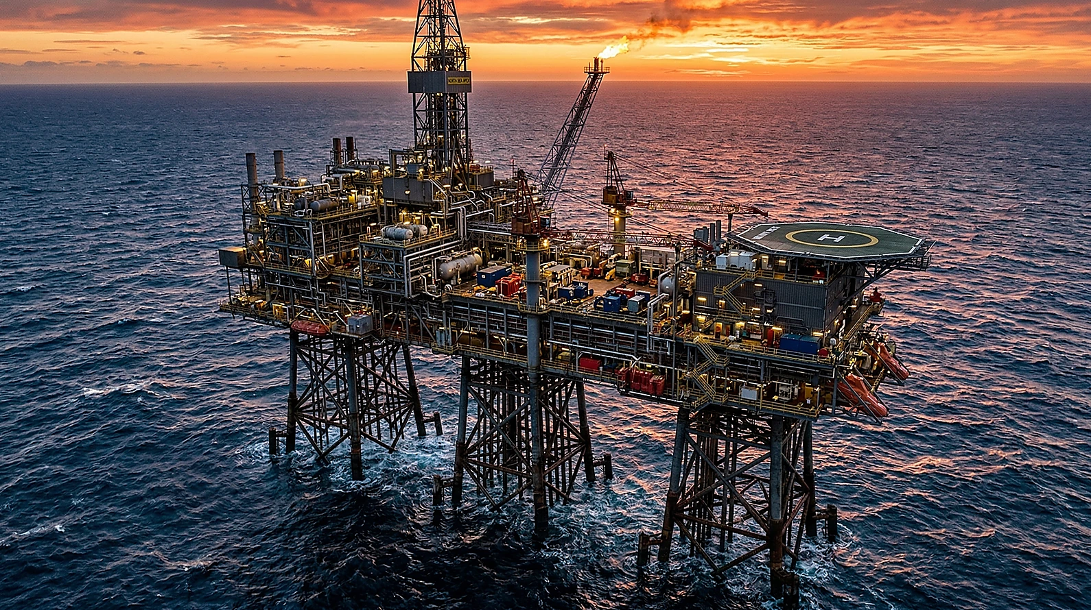 Deniz yatağına sabitlenmiş devasa bir petrol platformunun endüstriyel fotoğrafı.