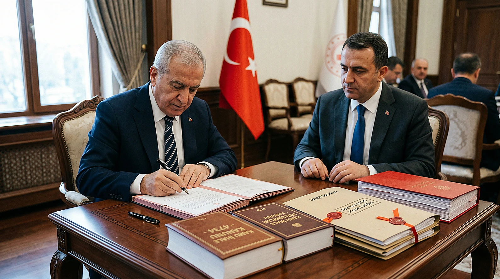 İhale ve sözleşme sürecini temsil eden resmi evraklar ve mühürler.