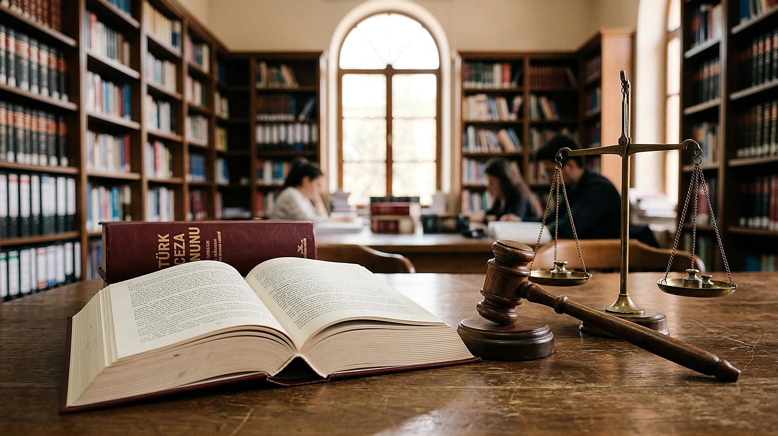 Türk Ceza Kanunu ve adalet simgeleri üzerinde odaklanmış profesyonel hukuk görseli.