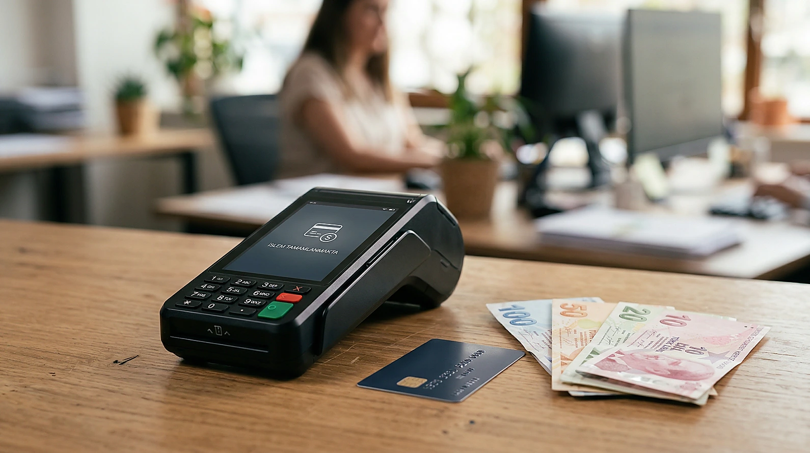 POS cihazı, kredi kartı ve nakit paranın bir arada bulunduğu finansal temsil görseli.