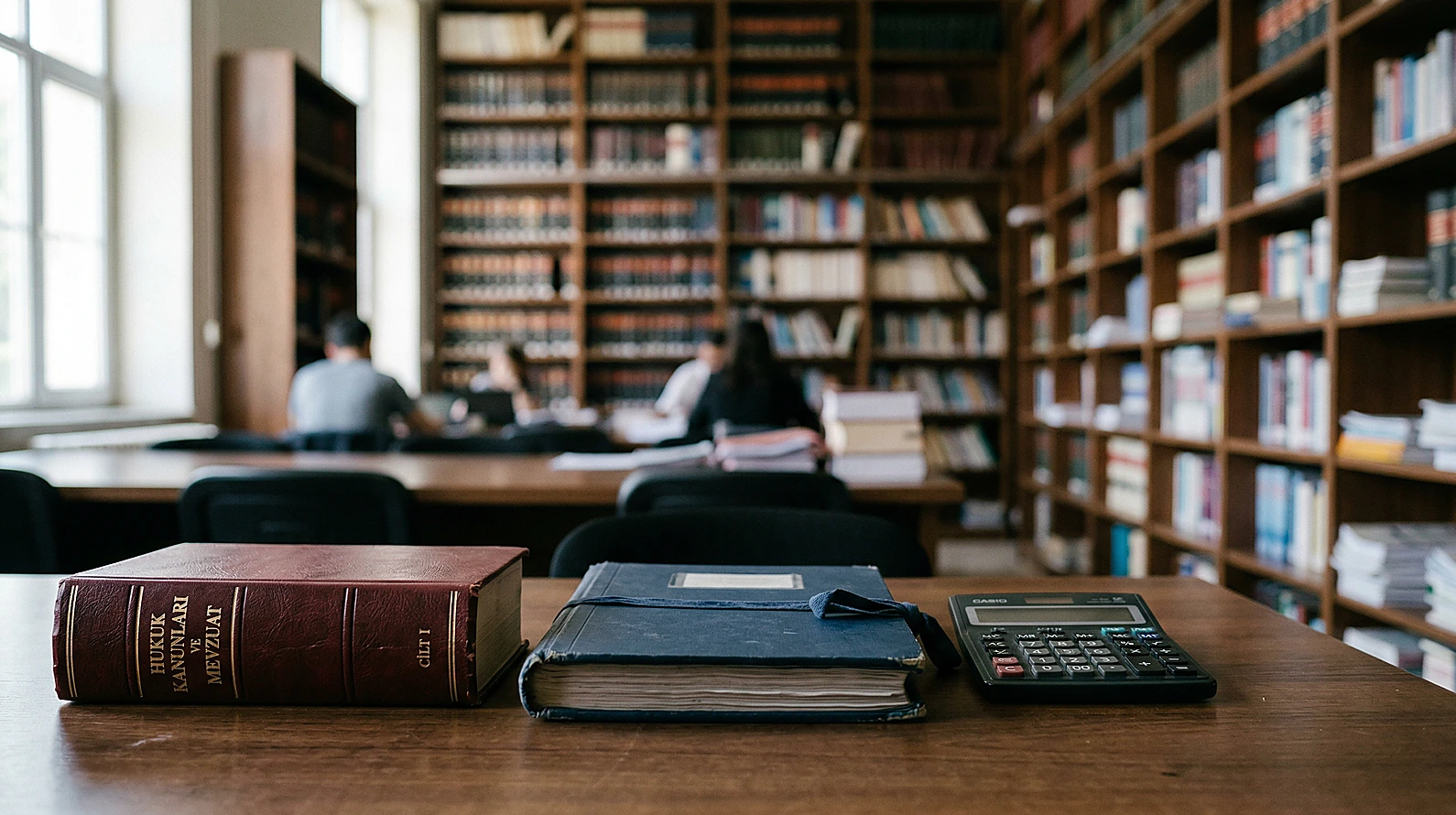 Hukuk kitabı ve dosya içeren profesyonel çalışma masası görseli.