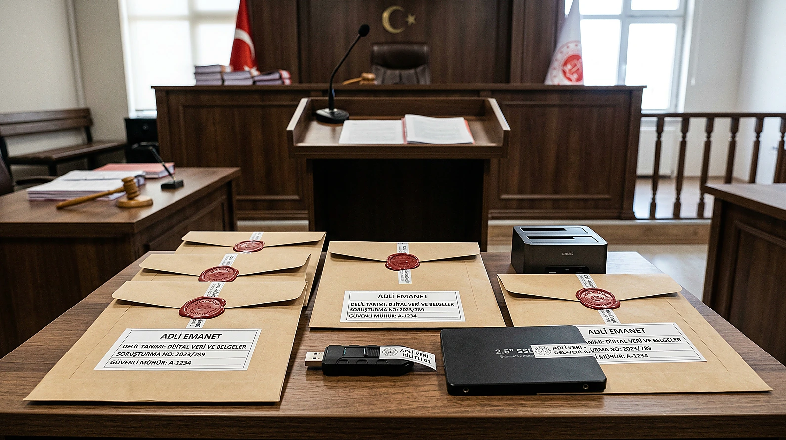 Ceza yargılamasında dijital deliller ve mühürlü zarf görseli.