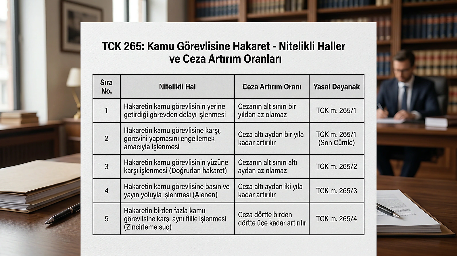 TCK 265 Görevi Yaptırmamak İçin Direnme Suçu Ceza Artırım Tablosu