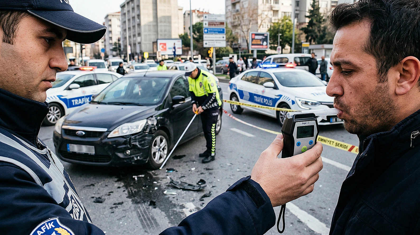 Trafik kazası sonrası sürücü tespiti ve alkol ölçümü aşaması.