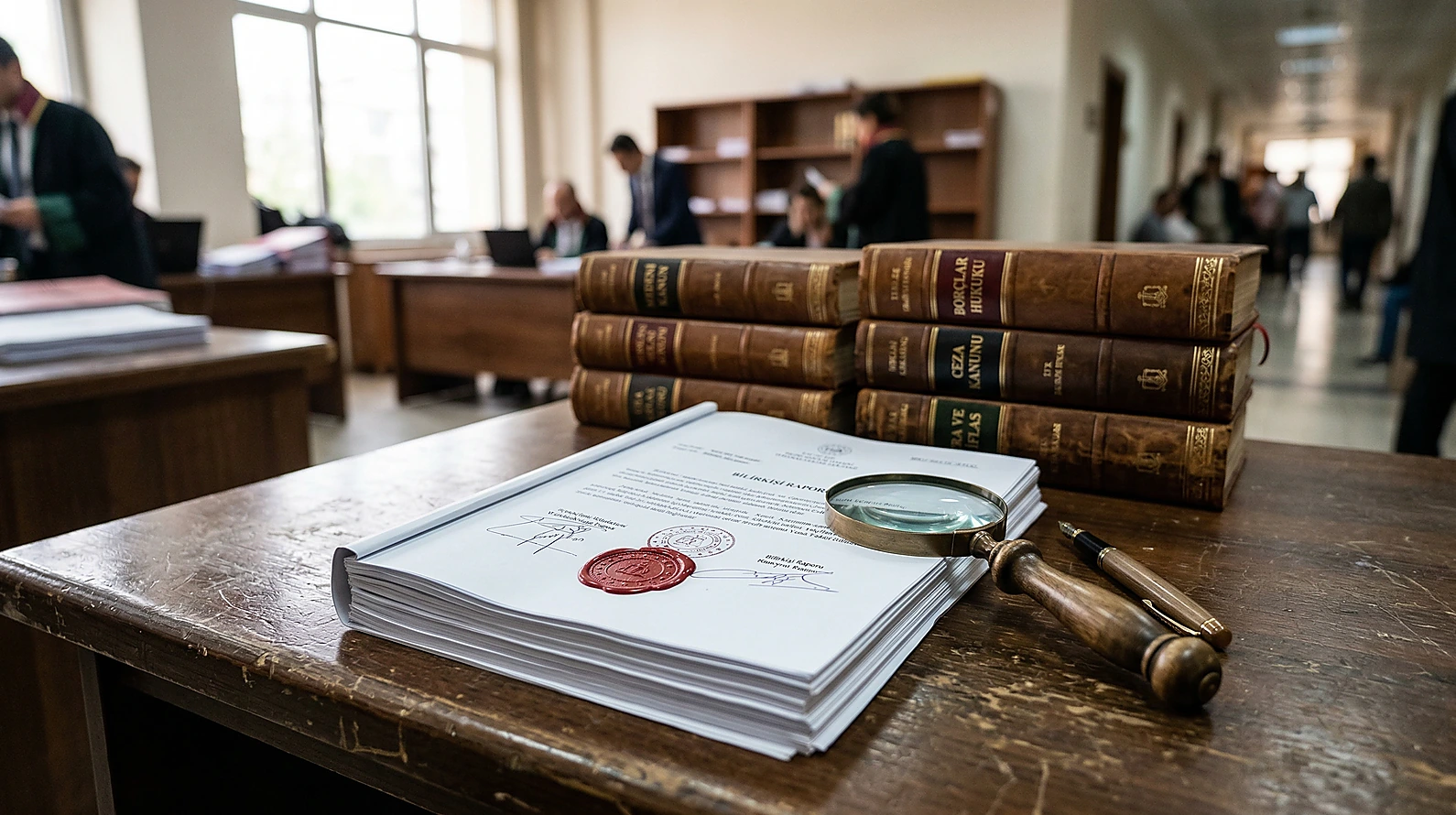 Bilirkişi raporu ve hukuk kitaplarının bulunduğu profesyonel çalışma masası.