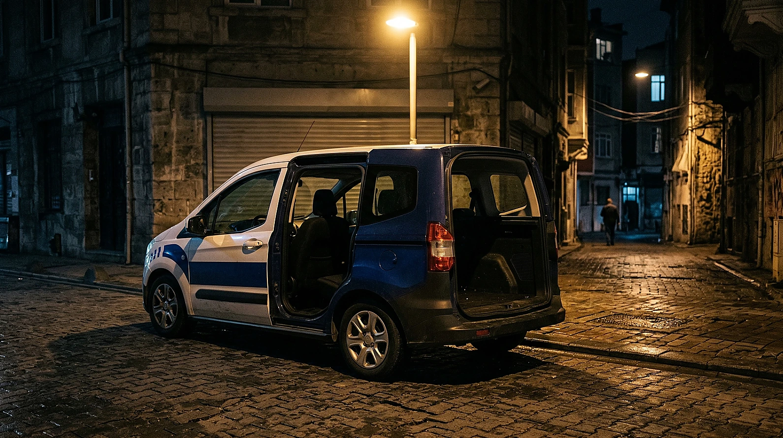 Açık polis aracı kapısı ile firar anının sembolize edilmesi.