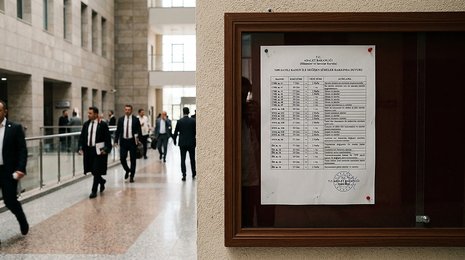 CMK 296 ve temyiz sürelerindeki 7499 sayılı Kanun değişikliğini temsil eden adliye görünümü.