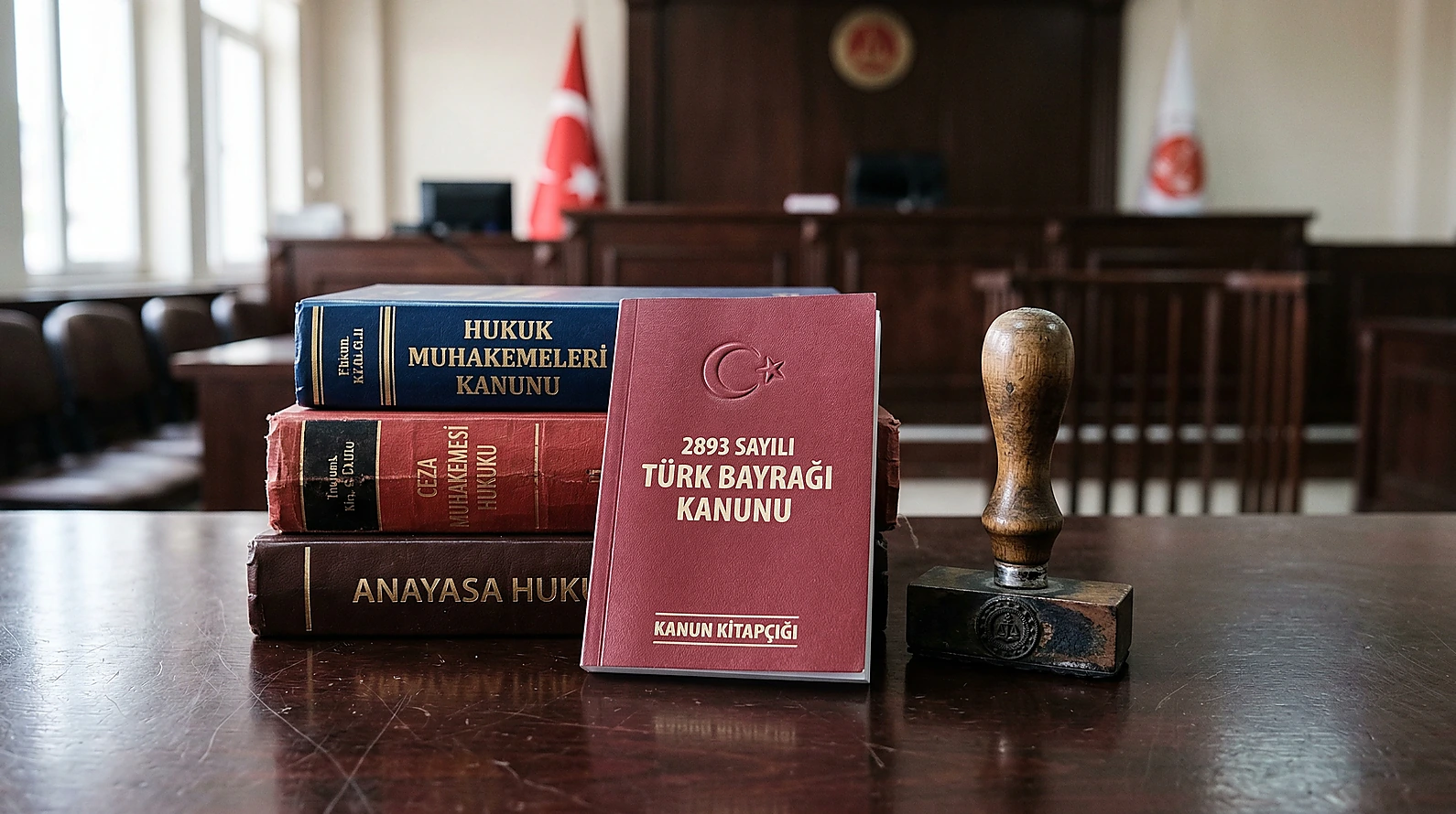 Hukuk kitapları ve Türk Bayrağı Kanunu temalı editoryal görsel