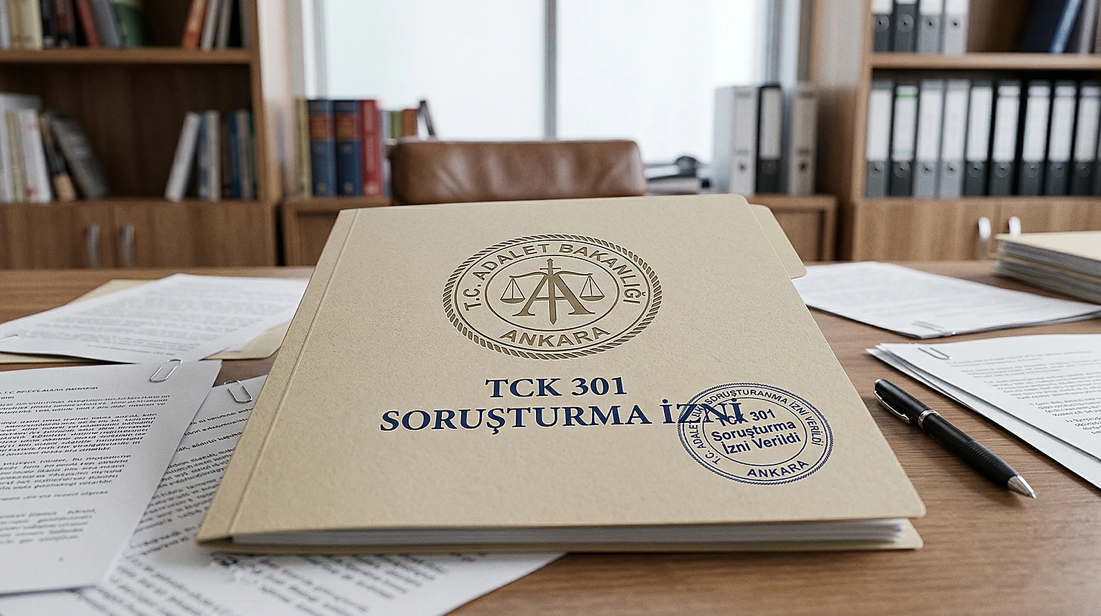 TCK 301 soruşturma izni dosyasının ve hukuk mühürünün yakın çekim görünümü.