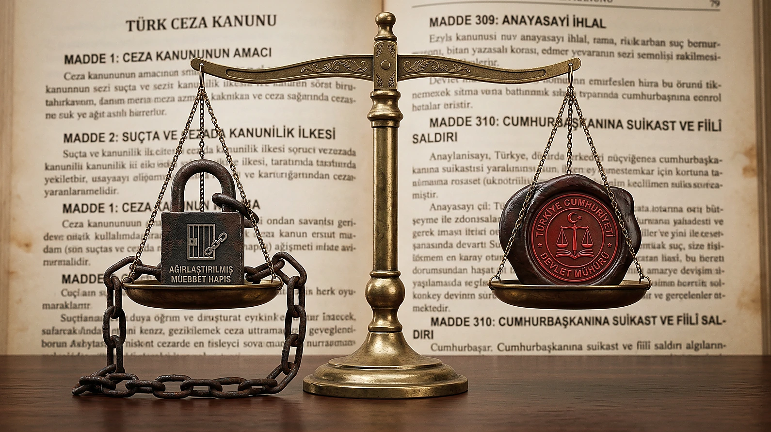 TCK 310 kapsamında suikast ve fiili saldırı cezalarının yasal dengesini gösteren görsel.