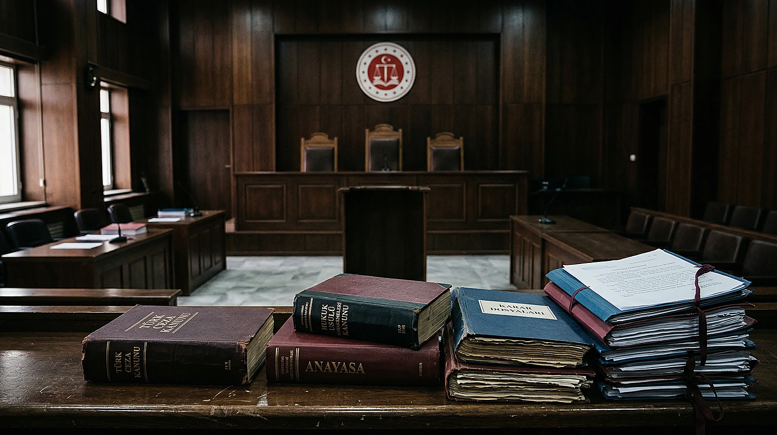 Ağır Ceza Mahkemesi salonunda karar dosyaları ve mevzuat kitapları.