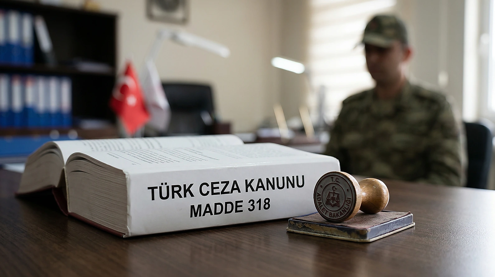 Türk Ceza Kanunu madde 318 ve askeri savunma suçlarını temsil eden hukuki görsel.