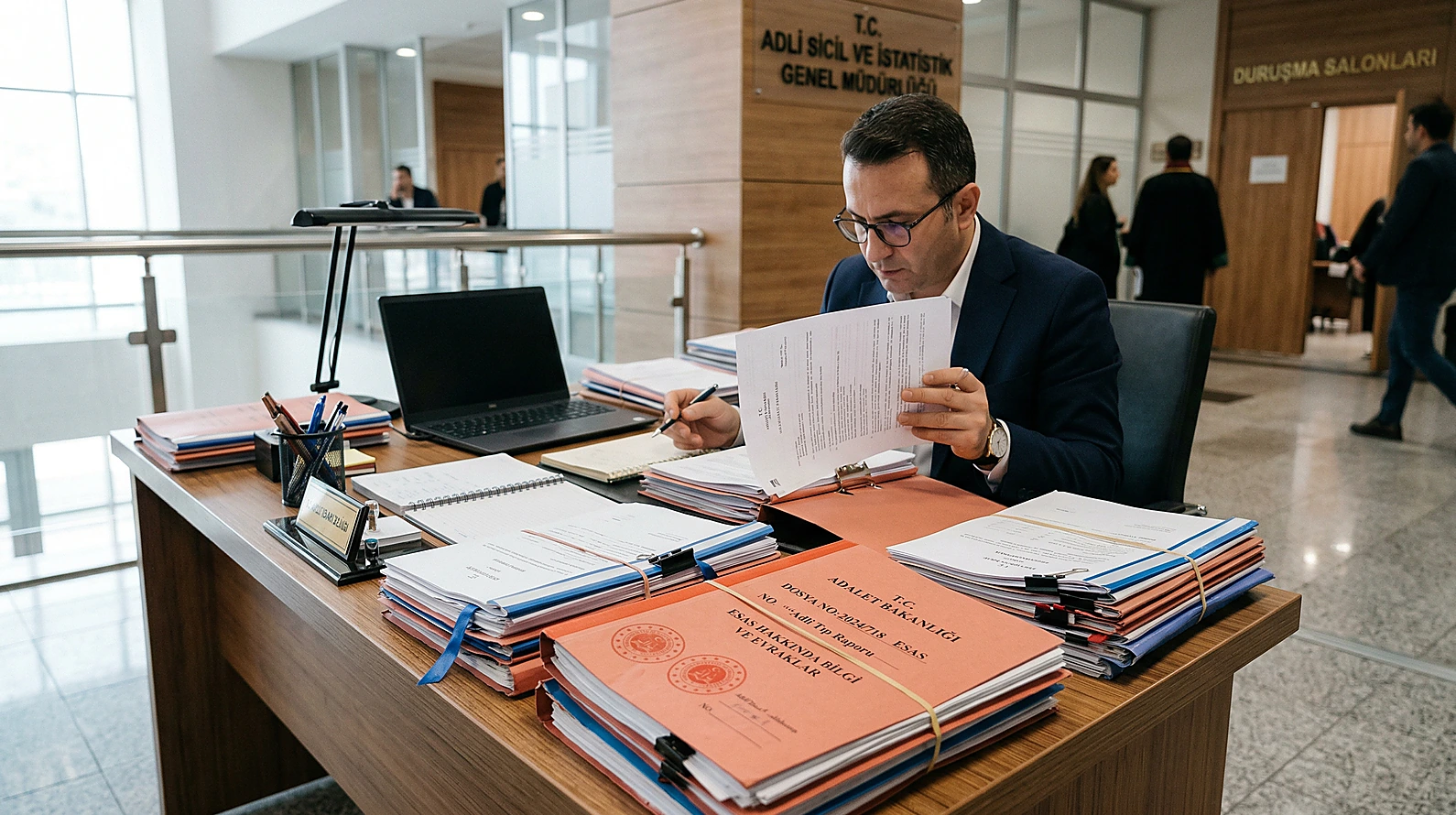 Adli süreçleri temsil eden resmi dosyalar ve kurumsal ofis görünümü.