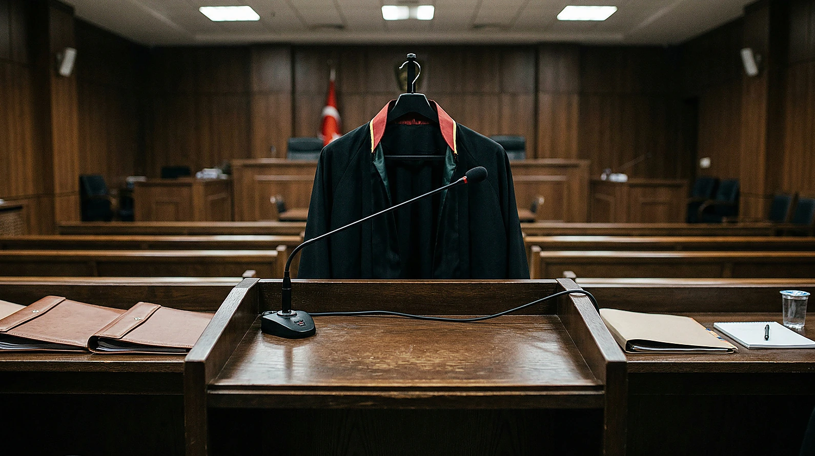 Duruşma salonunda savunma kürsüsü ve avukat cübbesi simgesi.