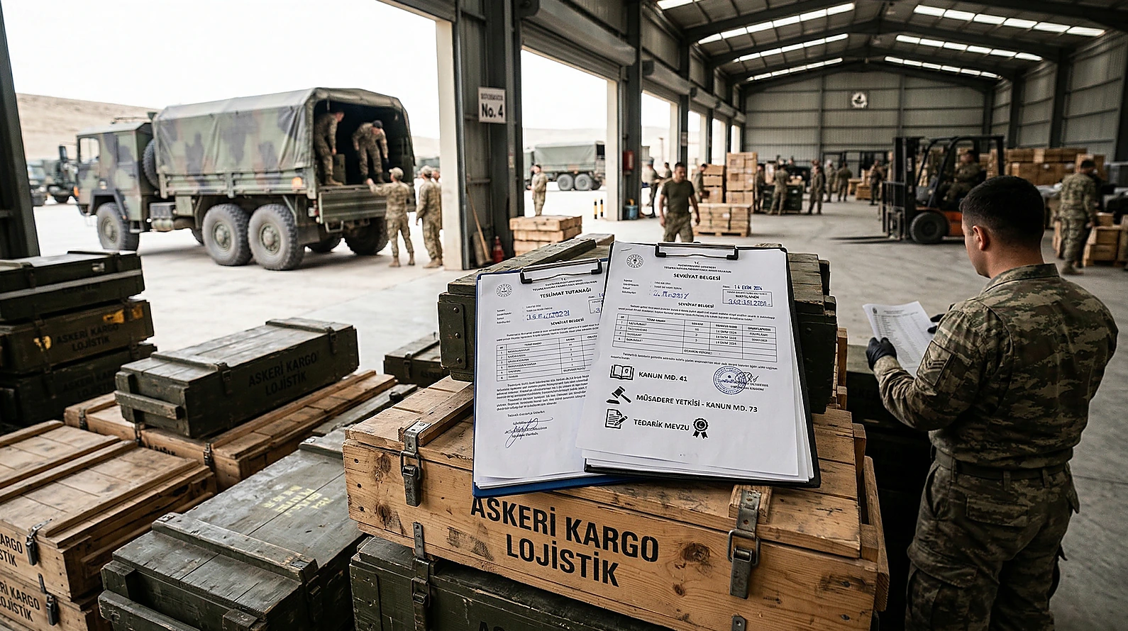 Savaş zamanı yükümlülük ihlalini simgeleyen askeri lojistik unsurlar.