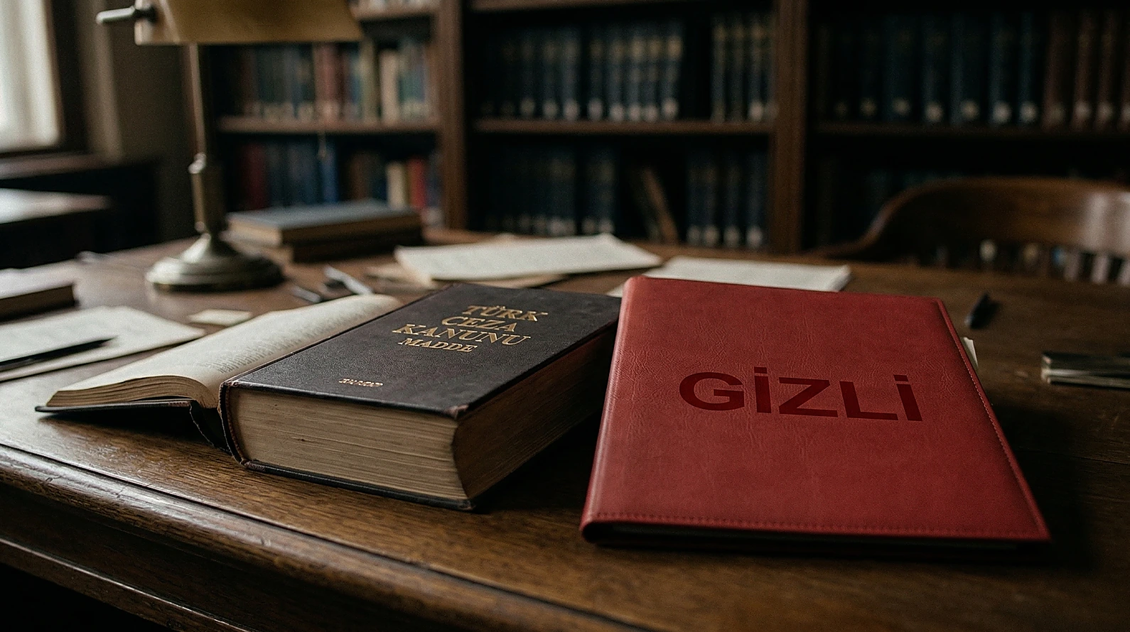 Hukuk kitabı ve gizlilik dereceli bir dosyanın bulunduğu masa.