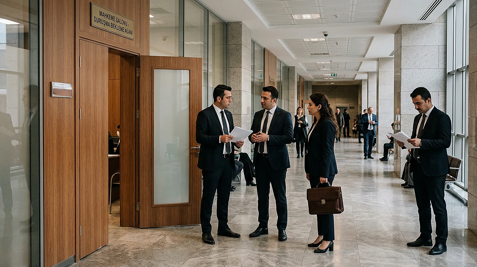 Mahkeme salonu girişinde ciddi hukuki değerlendirme yapan profesyoneller.