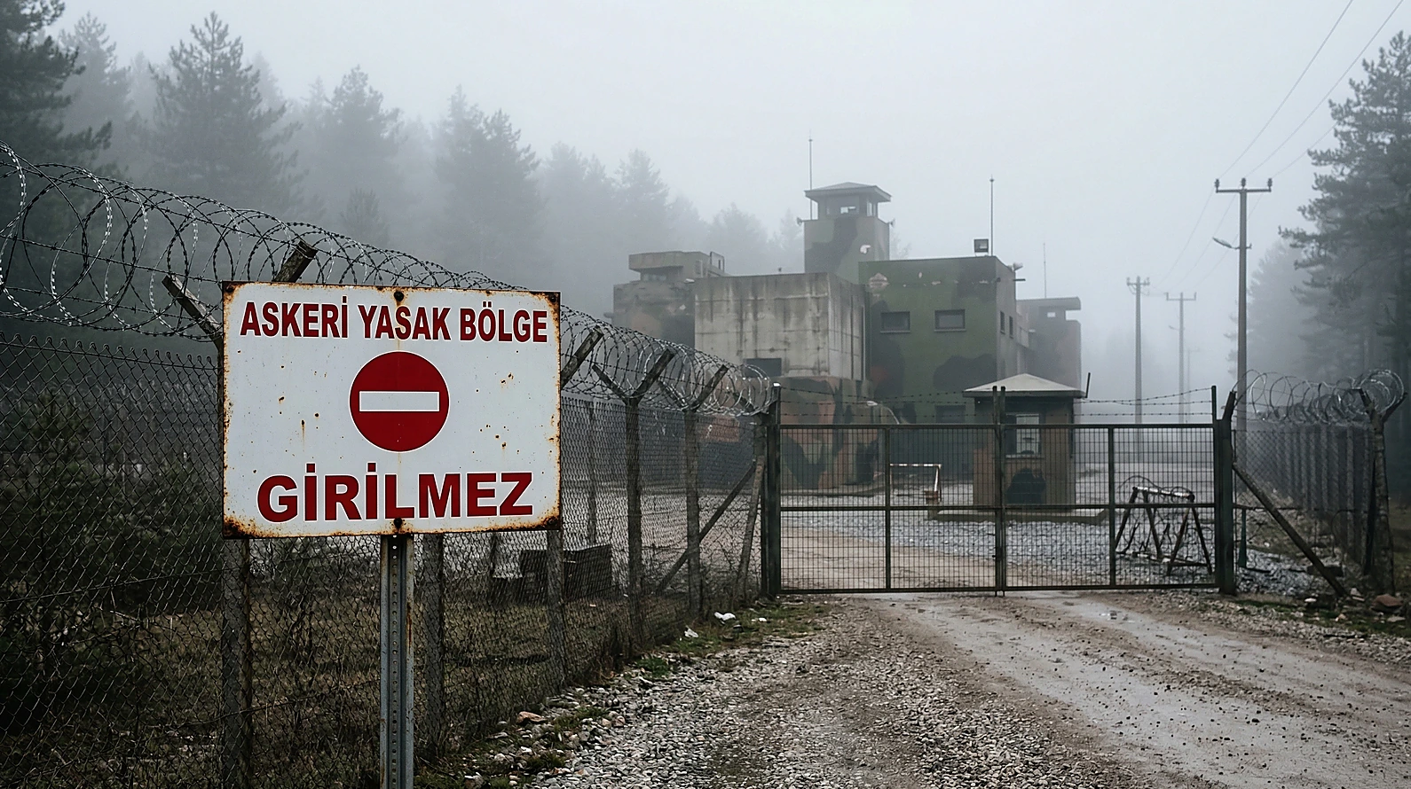 Askeri yasak bölge girişindeki tel örgüler ve uyarı tabelası.