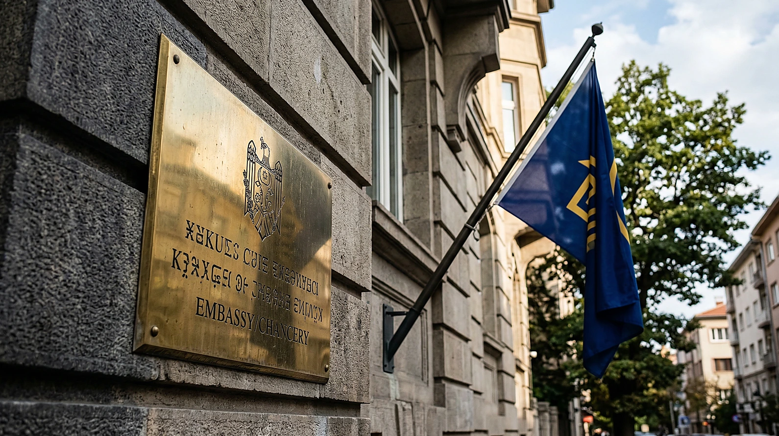 Büyükelçilik binası ve diplomatik dokunulmazlığı simgeleyen tabela ve bayrak detayı.