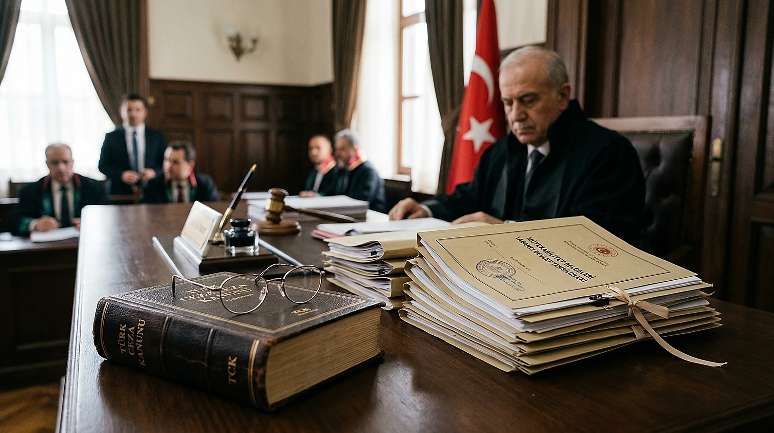 Mahkeme salonunda ceza kanunu ve diplomatik yazışma dosyaları.