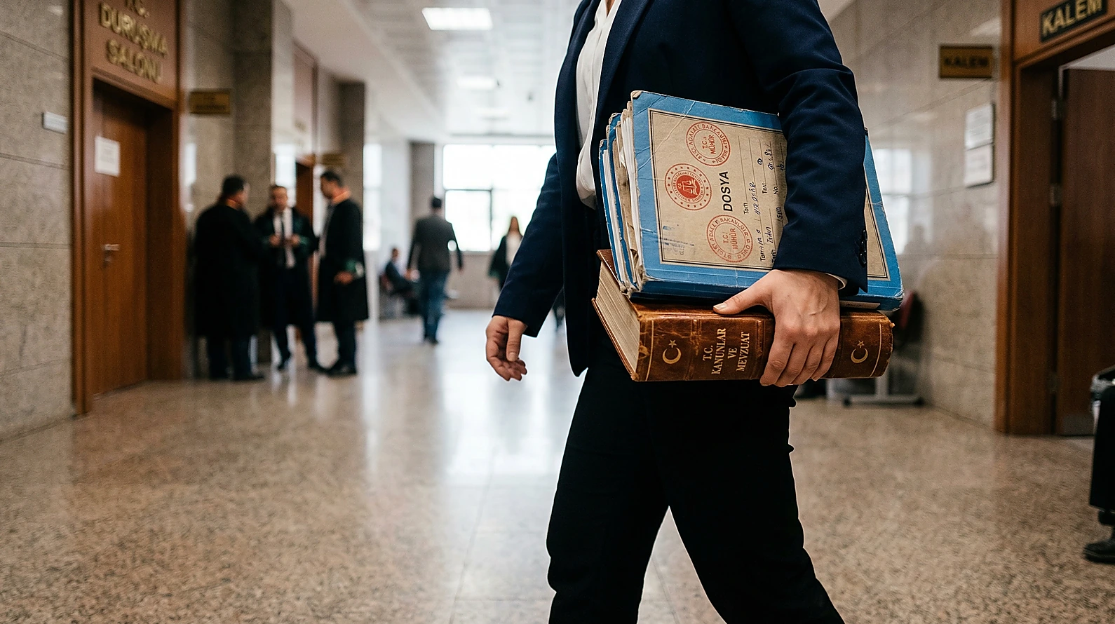 Adliye koridorunda dava dosyaları ve kanun kitabı taşıyan bir hukukçu.