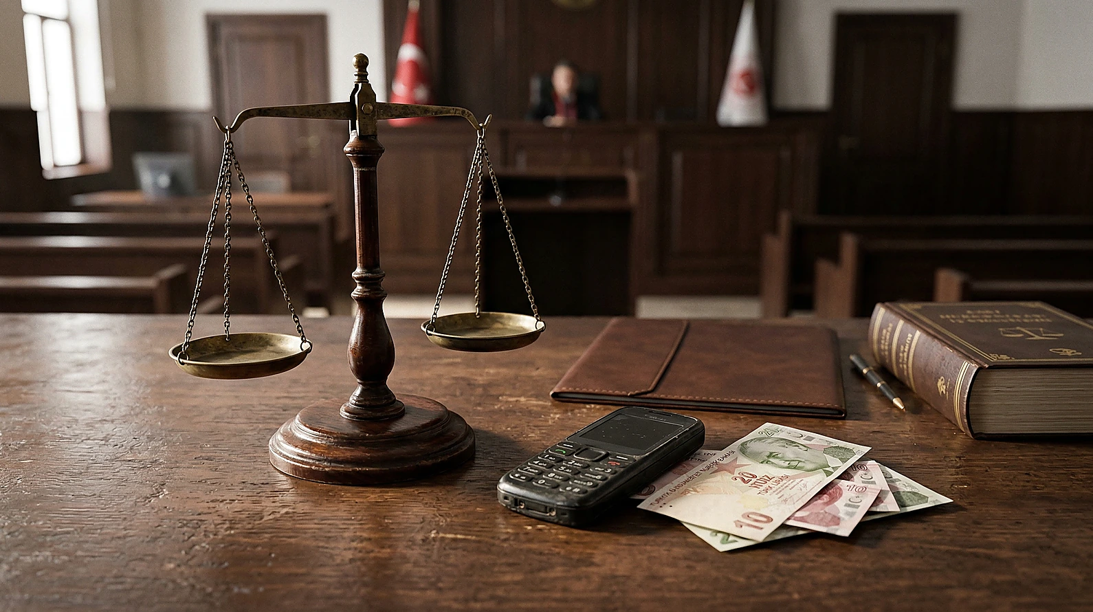 Dolandırıcılık suçuna konu düşük değerli eşyalar ve adalet terazisi.