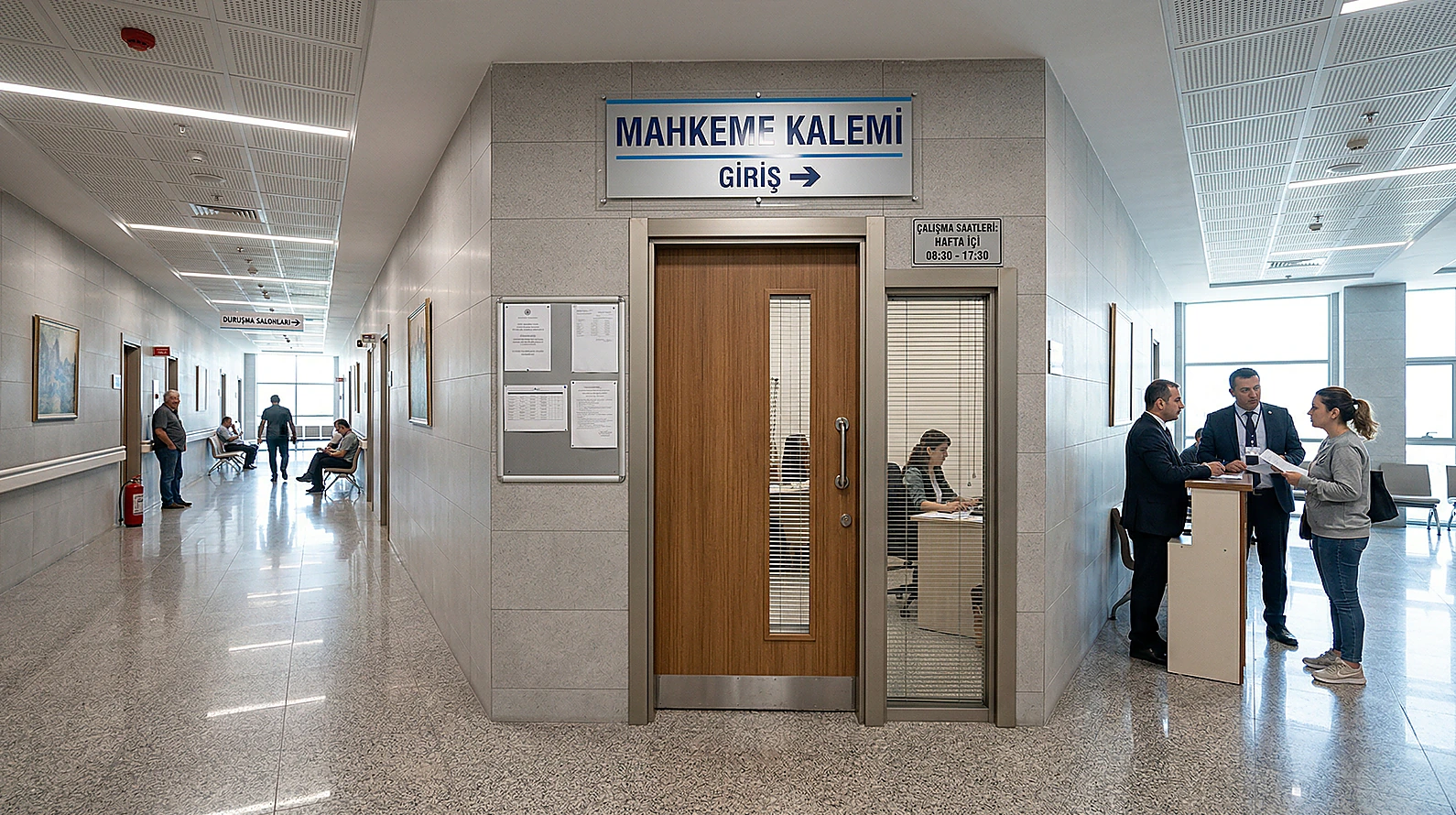Adliye koridoru ve mahkeme kalemi tabelasını gösteren teknik görsel.