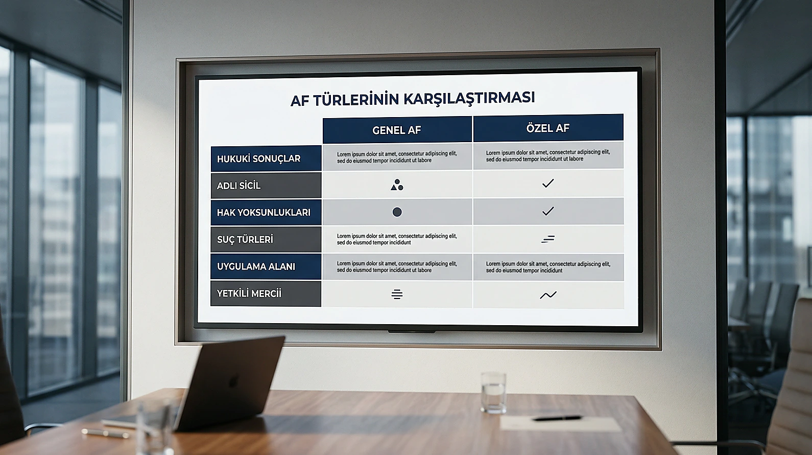 Genel ve özel af farklarını gösteren karşılaştırmalı hukuk tablosu.