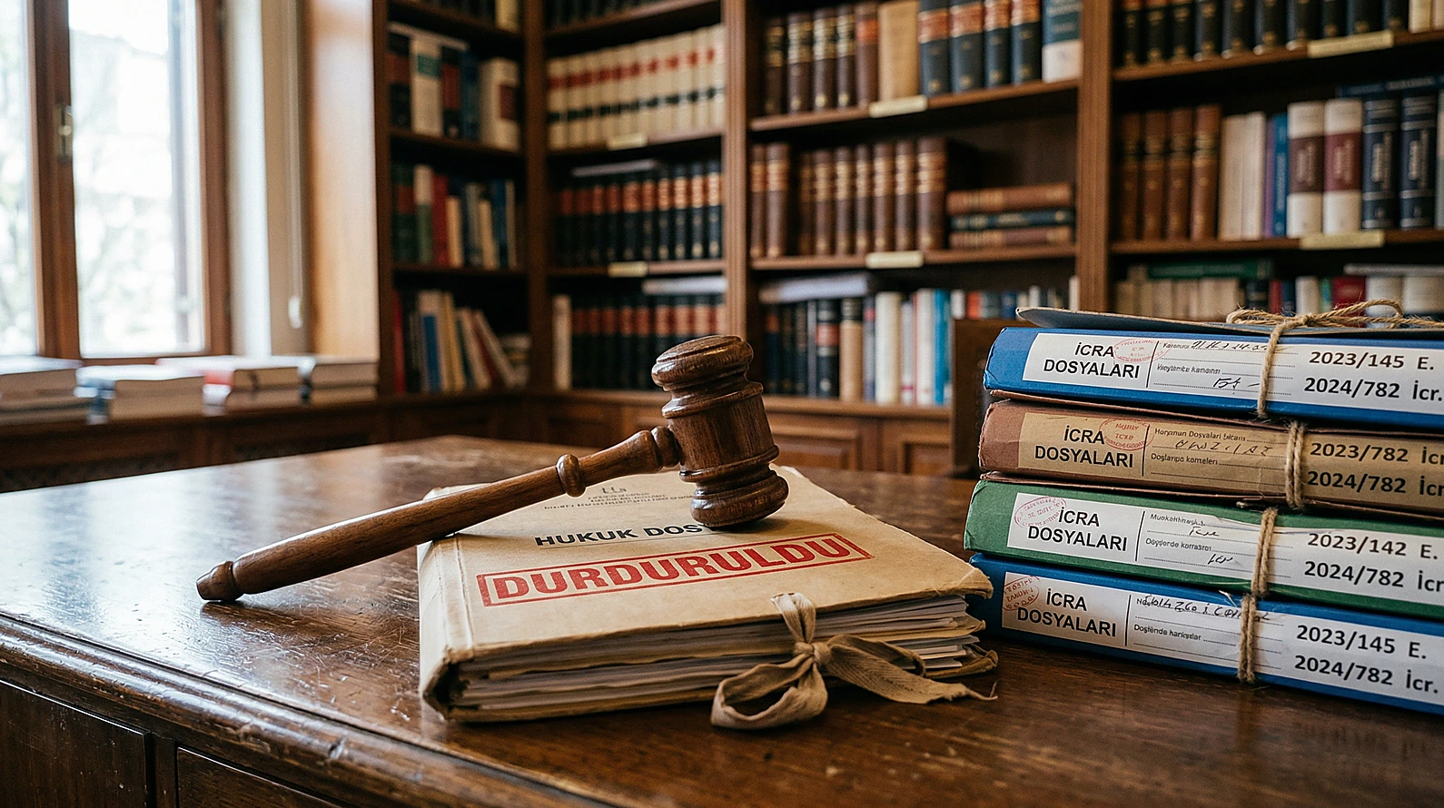 Resmi defter tutma süreci nedeniyle durdurulan icra dosyalarını simgeleyen mahkeme tokmağı.