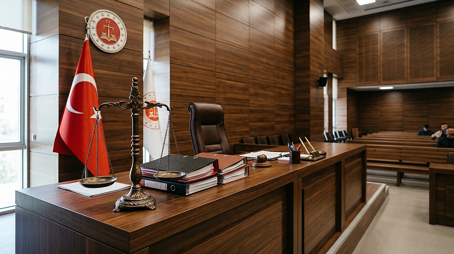 Mahkeme salonu ve adalet terazisi temsili.