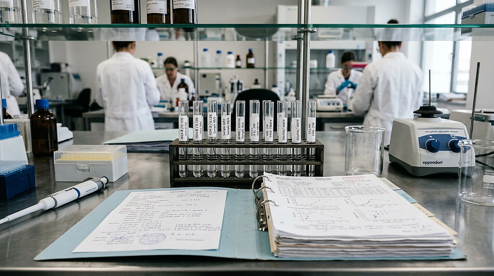 Laboratuvar ortamında alkol analiz tüpleri.