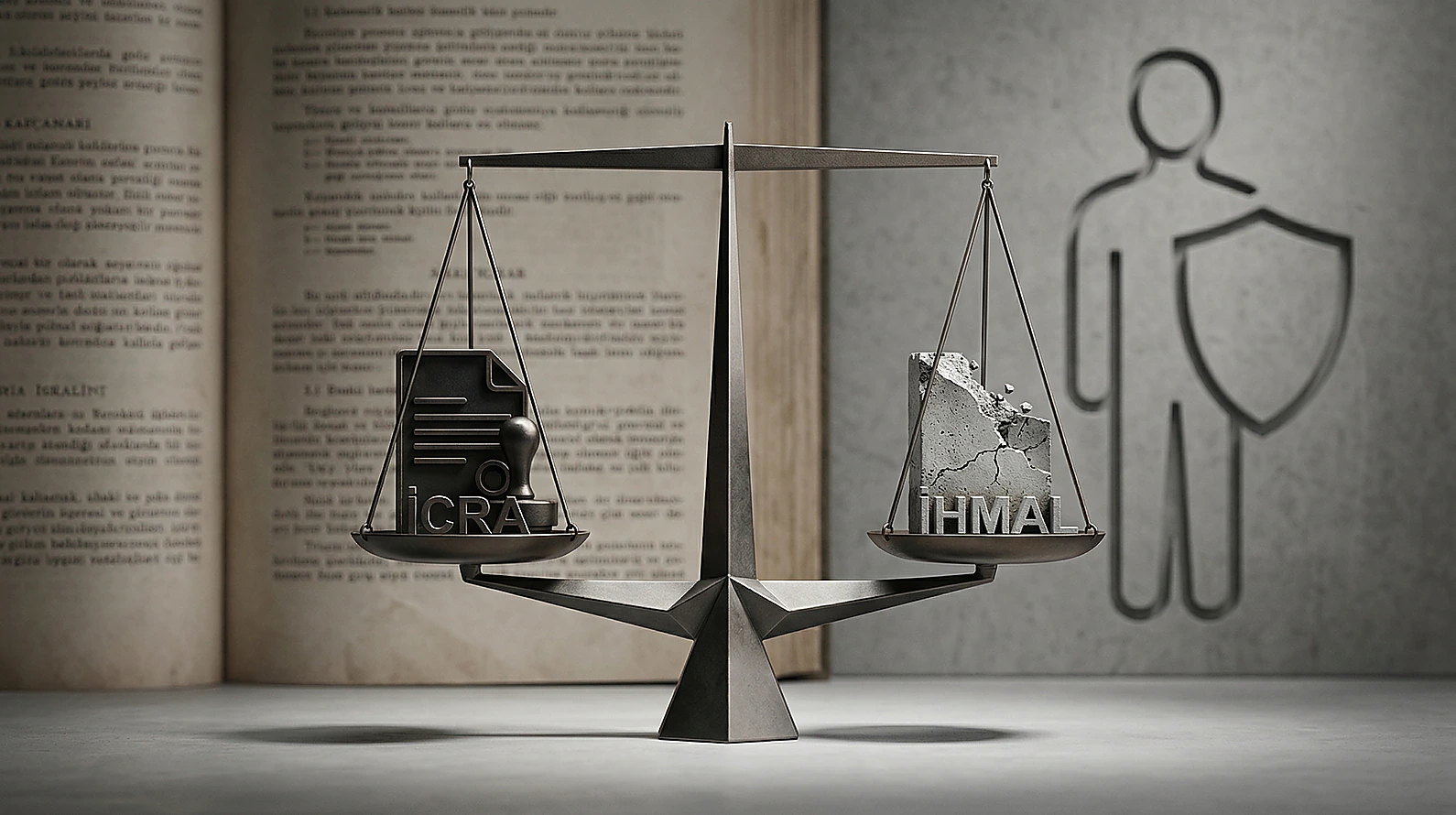Hukukta icra ve ihmal dengesini simgeleyen profesyonel adalet görseli.