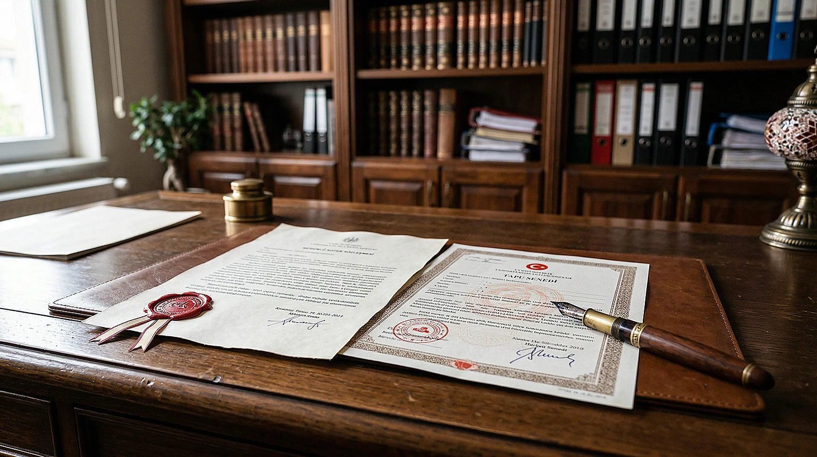 Resmi şekle tabi noter sözleşmesi ve tapu senedi belgelerinin profesyonel görünümü.