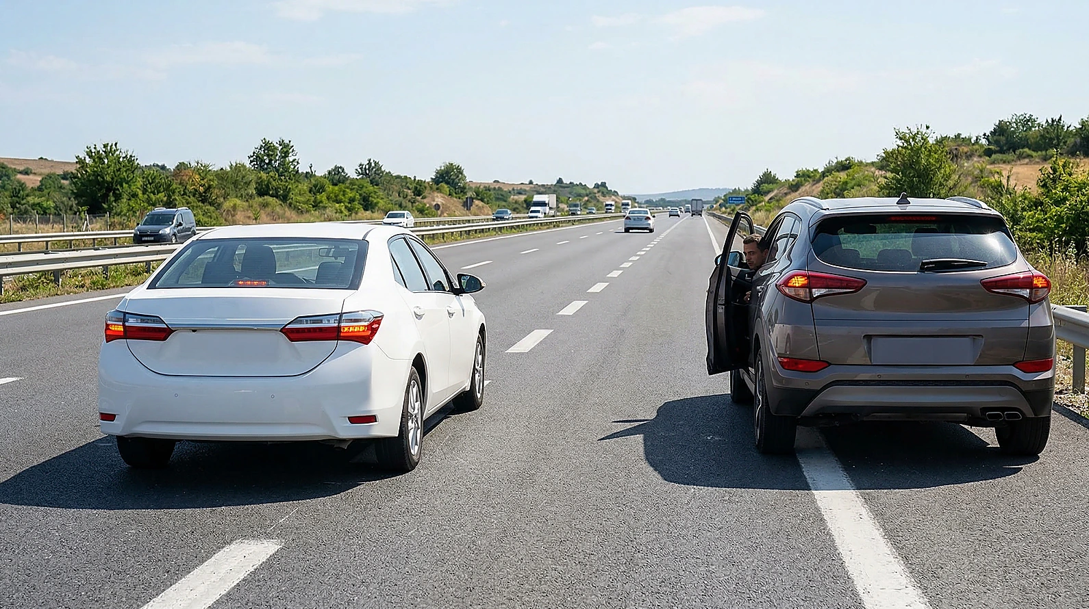 Trafikte bir aracın diğerinin önünü keserek durdurulmasını temsil eden editoryal görsel.